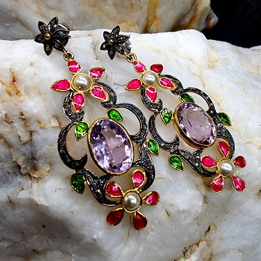 Sterling Silver 92514k GoldRhodium Earrings Raw Diamond Amethyst Gemstone 780$